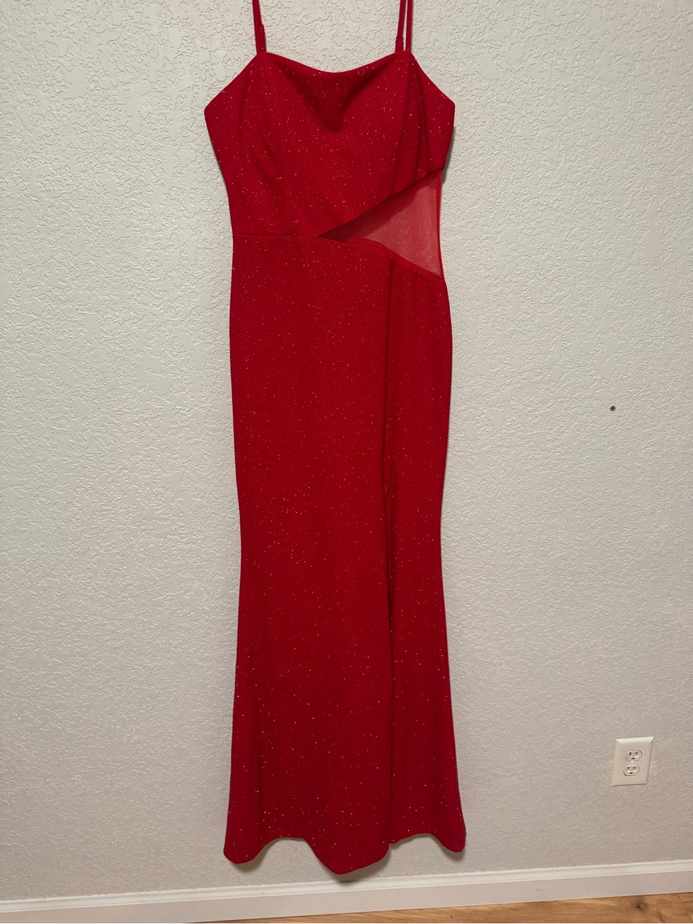Red Glitter Spaghetti-Strap Evening Dress